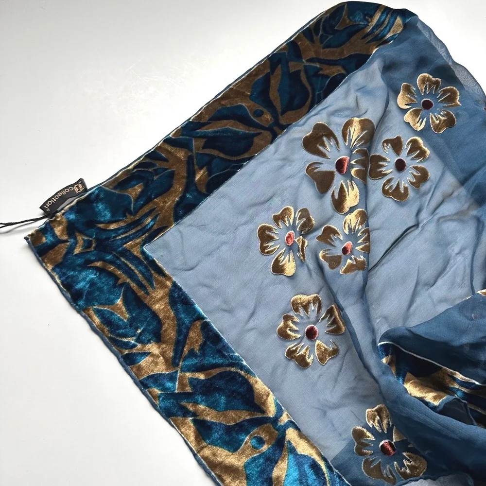 NWT Whimsigoth Fairy Grunge Blue Floral Velvet Burnout Sheer Scarf JJ Collection